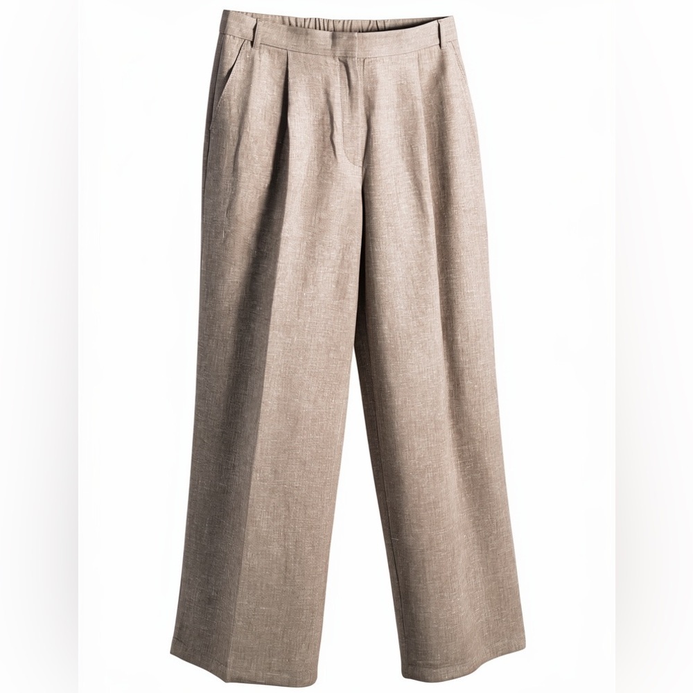 NWT. Massimo Dutti Grey/Beige 100% Linen Striped Mid-Rise Trousers. Size 10.